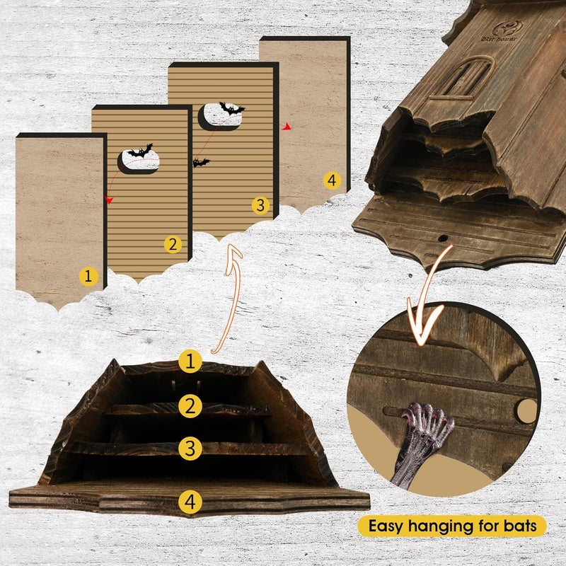 VIREESR Wooden Castle Bat Houses for Outdoors, Bat Boxes for Outside, Large Three Chamber Box Perfectly Designed to Attract Bats, Durable and Easy to Hang (Bat House Ⅰ Brown) - Image 3